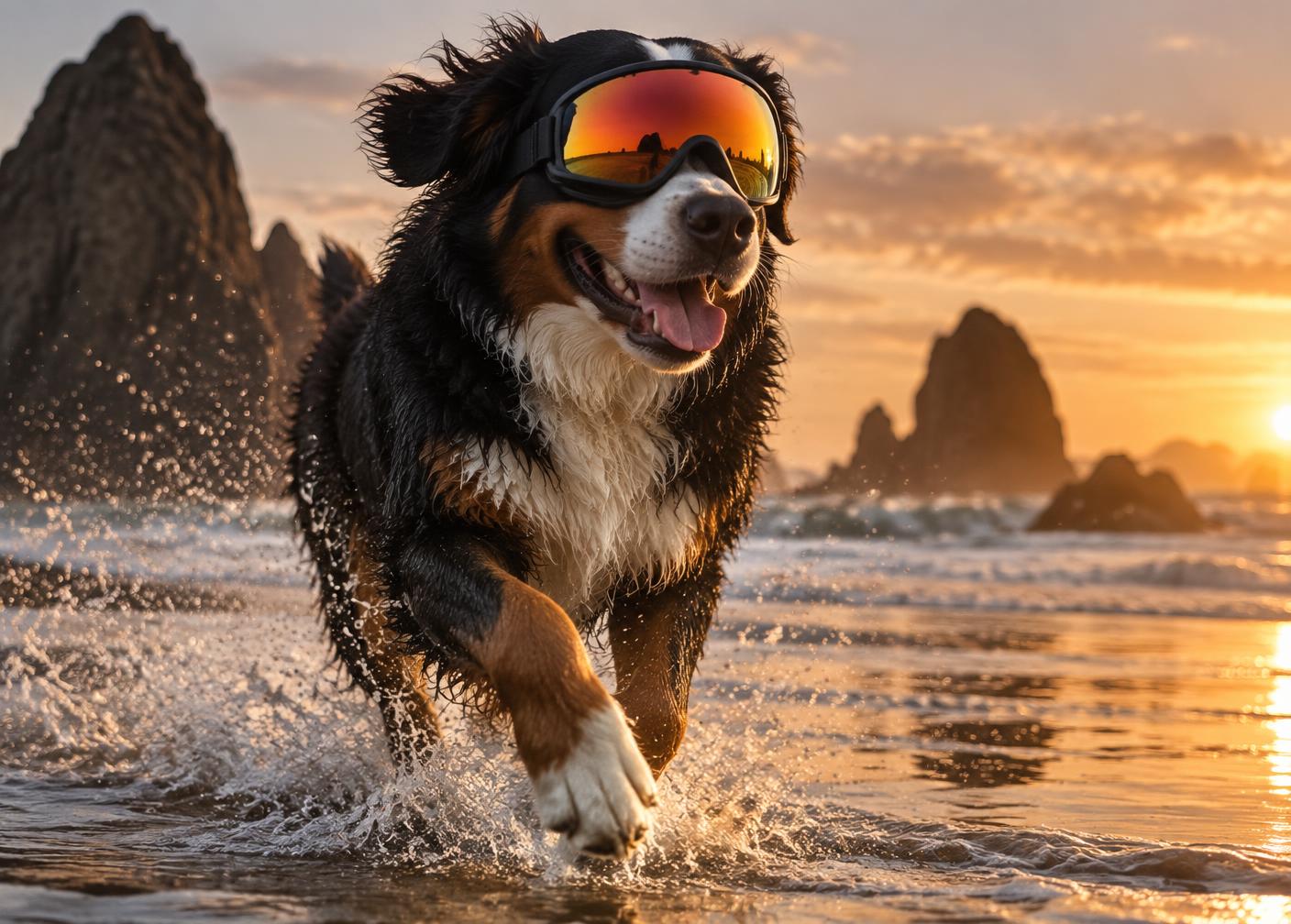 Happy dog wearing RoverShield™ goggles on the beach