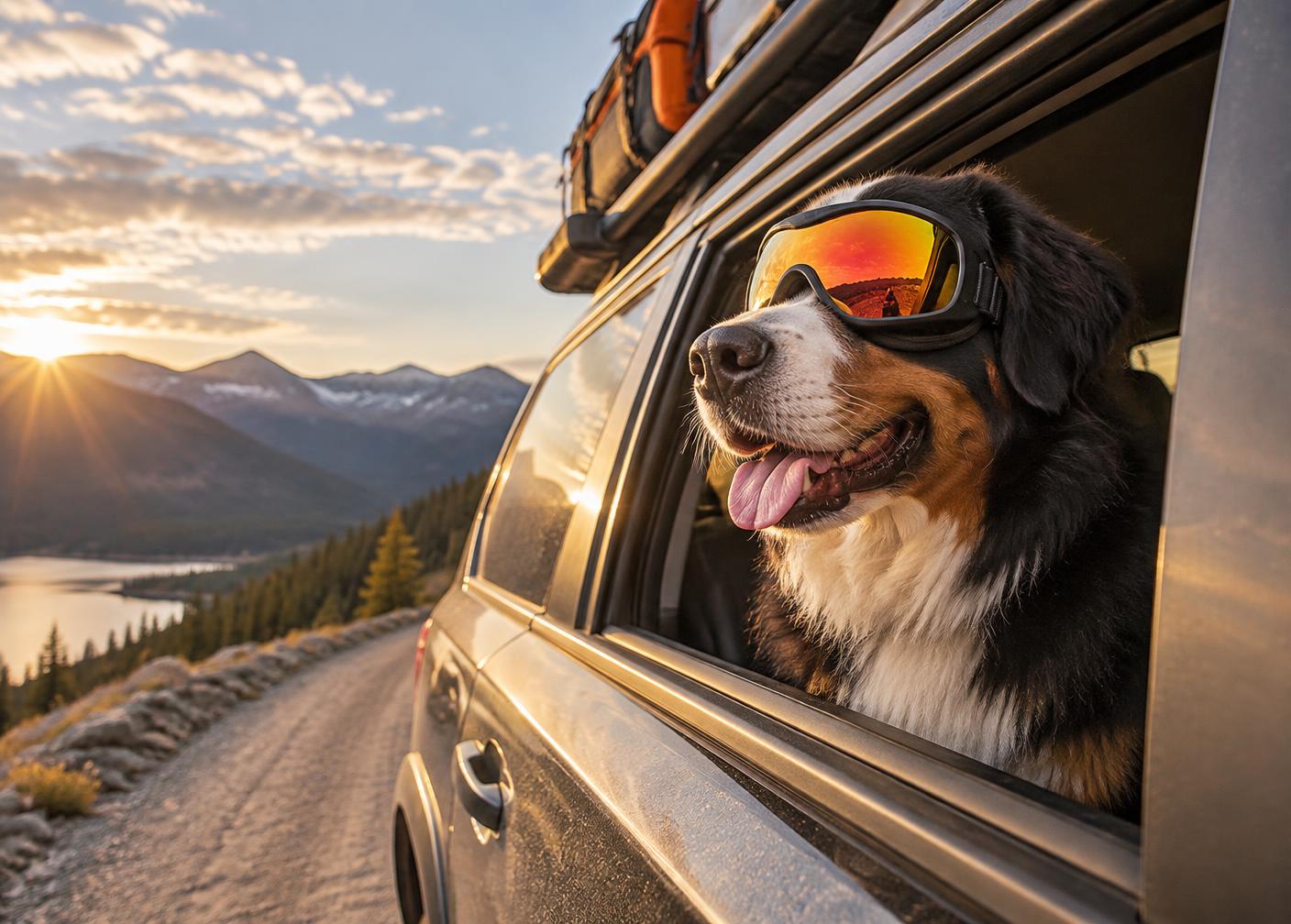 Adventure dog wearing reflective goggles during a road trip